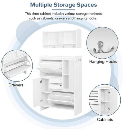 Multi-Functional Shoe Cabinet with Wall Cabinet, Space-saving Design Side Cabinet with 2 Flip Drawers and Hanging Hooks