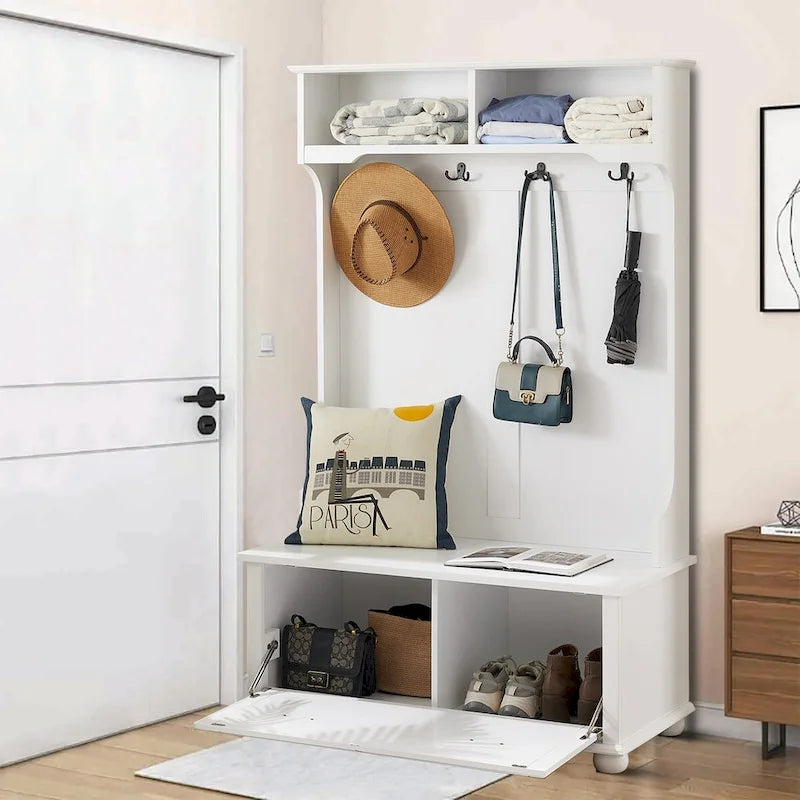 Modern Minimalist Freestanding Wooden Storage Hall Tree with Solid Wood Legs