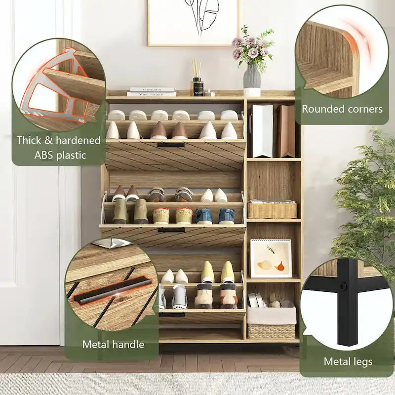 Modern Slim Shoe Cabinet with 3 Flip Drawers & Open Shelves