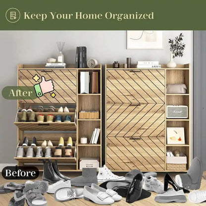 Modern Slim Shoe Cabinet with 3 Flip Drawers & Open Shelves
