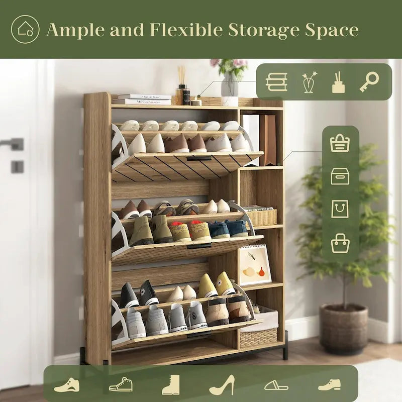 Modern Slim Shoe Cabinet with 3 Flip Drawers & Open Shelves