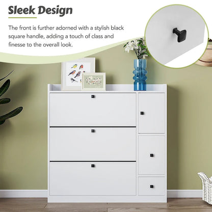 Versatile Shoe Cabinet with 3 Flip Drawers and Pull-down Seat