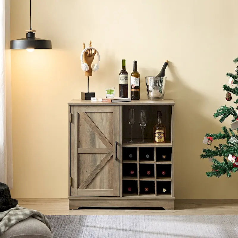Farmhouse Coffee Bar Cabinet with Wine Rack Barn Door