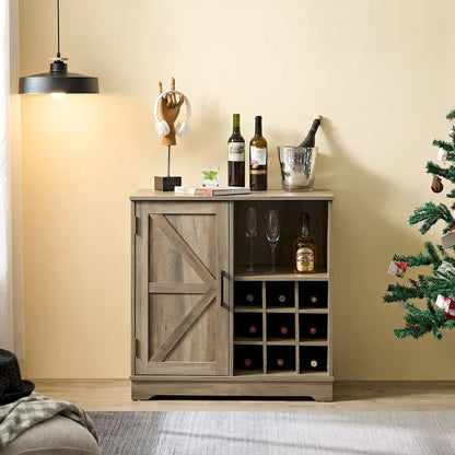 Farmhouse Coffee Bar Cabinet with Wine Rack Barn Door