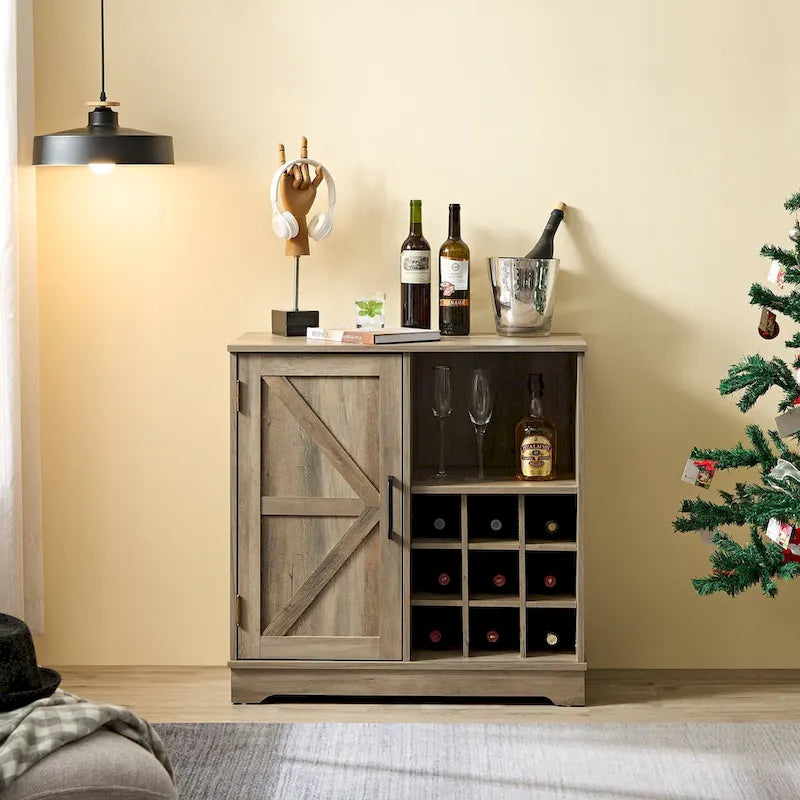 Farmhouse Coffee Bar Cabinet with Wine Rack Barn Door