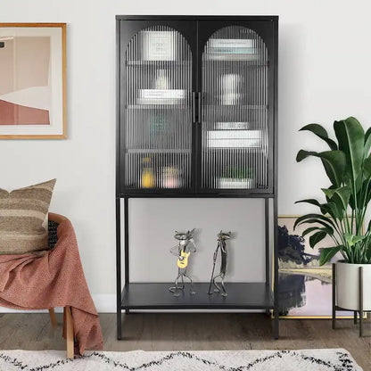 Elegant Floor Cabinet with 2 Glass Arched Doors Living Room Display Cabinet with Adjustable Shelves Anti-Tip Dust-free