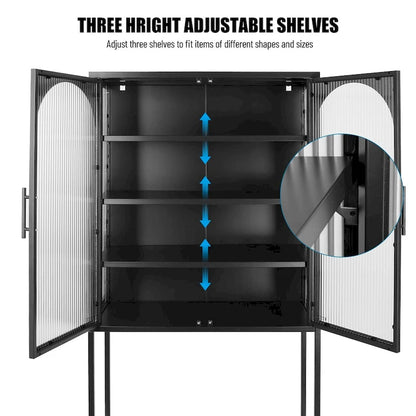 Elegant Floor Cabinet with 2 Glass Arched Doors Living Room Display Cabinet with Adjustable Shelves Anti-Tip Dust-free