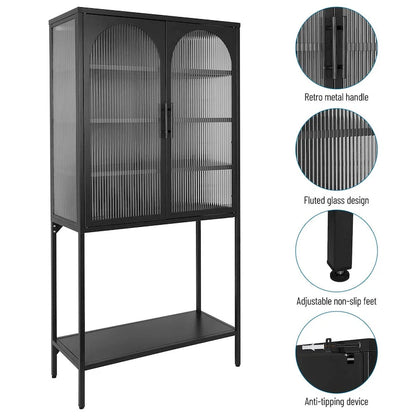 Elegant Floor Cabinet with 2 Glass Arched Doors Living Room Display Cabinet with Adjustable Shelves Anti-Tip Dust-free