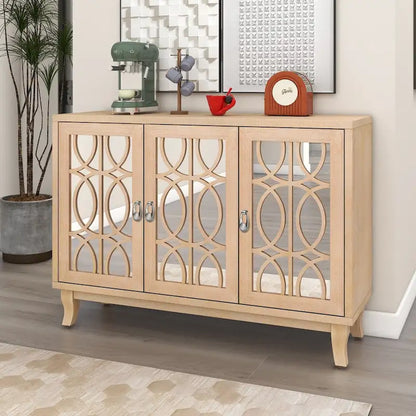 Sideboard with Glass Doors, 3 Door Mirrored Buffet Cabinet