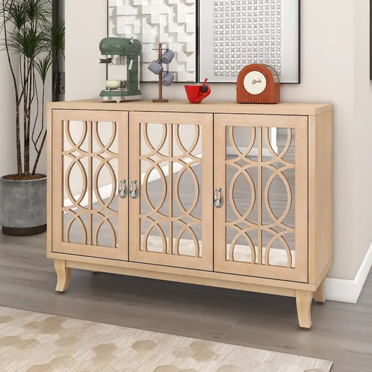 Sideboard with Glass Doors, 3 Door Mirrored Buffet Cabinet