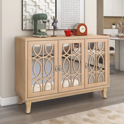 Sideboard with Glass Doors, 3 Door Mirrored Buffet Cabinet