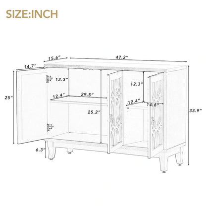 Sideboard with Glass Doors, 3 Door Mirrored Buffet Cabinet