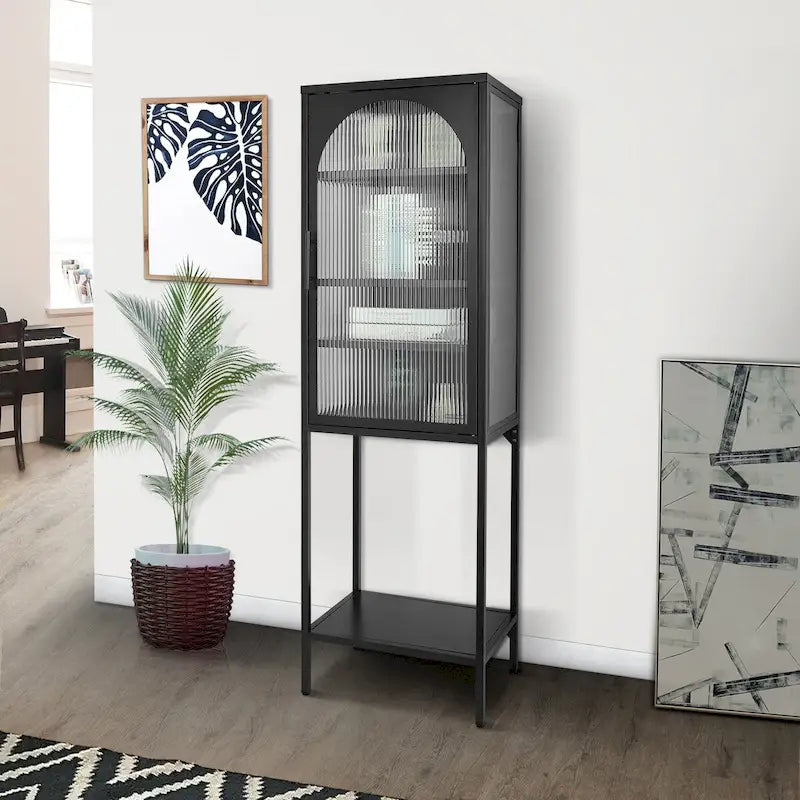 Tempered Glass High Cabinet with Arched Door Adjustable Shelves and Feet Anti-Tip Dust-free Fluted Glass Kitchen Credenza