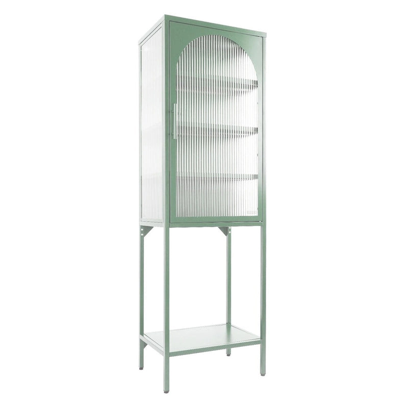Tempered Glass High Cabinet with Arched Door Adjustable Shelves and Feet Anti-Tip Dust-free Fluted Glass Kitchen Credenza