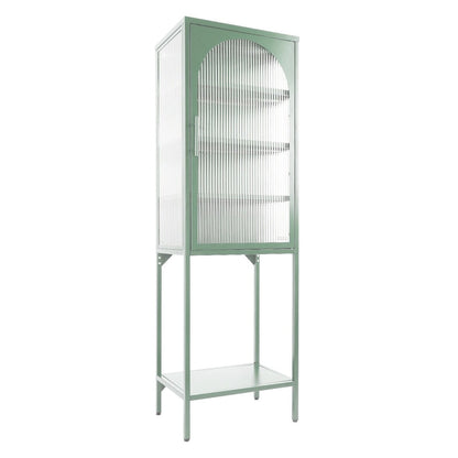 Tempered Glass High Cabinet with Arched Door Adjustable Shelves and Feet Anti-Tip Dust-free Fluted Glass Kitchen Credenza