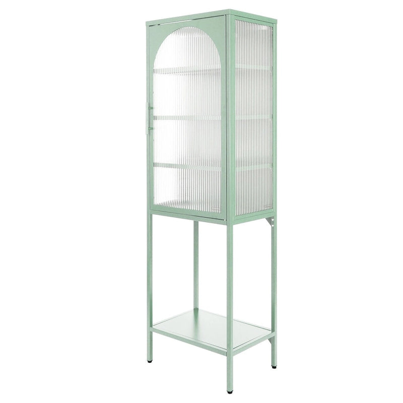 Tempered Glass High Cabinet with Arched Door Adjustable Shelves and Feet Anti-Tip Dust-free Fluted Glass Kitchen Credenza