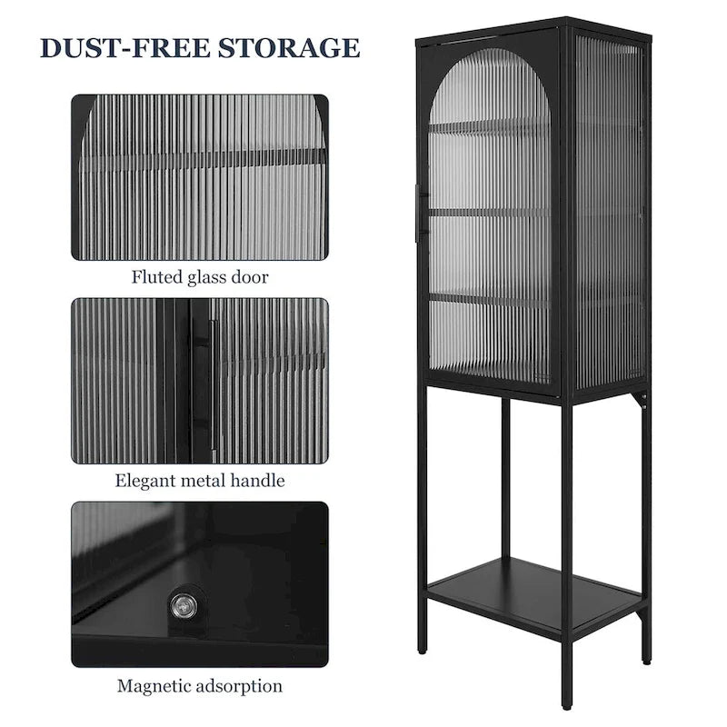 Tempered Glass High Cabinet with Arched Door Adjustable Shelves and Feet Anti-Tip Dust-free Fluted Glass Kitchen Credenza