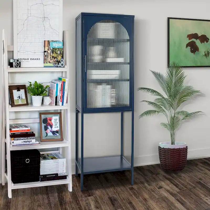 Tempered Glass High Cabinet with Arched Door Adjustable Shelves and Feet Anti-Tip Dust-free Fluted Glass Kitchen Credenza