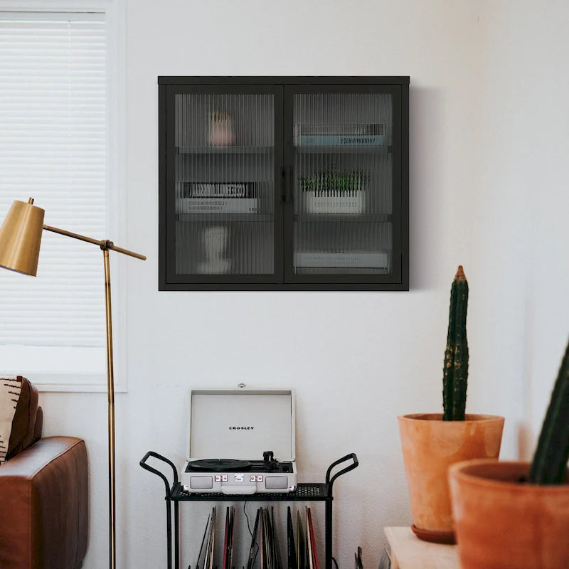 Modern Glass Door Wall Cabinet With Detachable Shelves - N/A