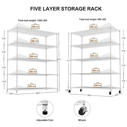 5 Tier Steel Heavy Duty Adjustable Shelves with Wheels and Feet