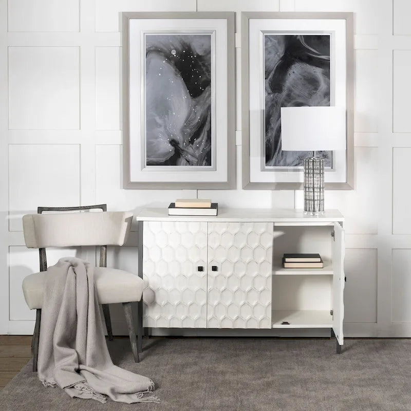Savannah II White Fir Veneer w/ Iron Frame & 3 Doors Accent Cabinet - 47.2L x 15.7W x 31.5H