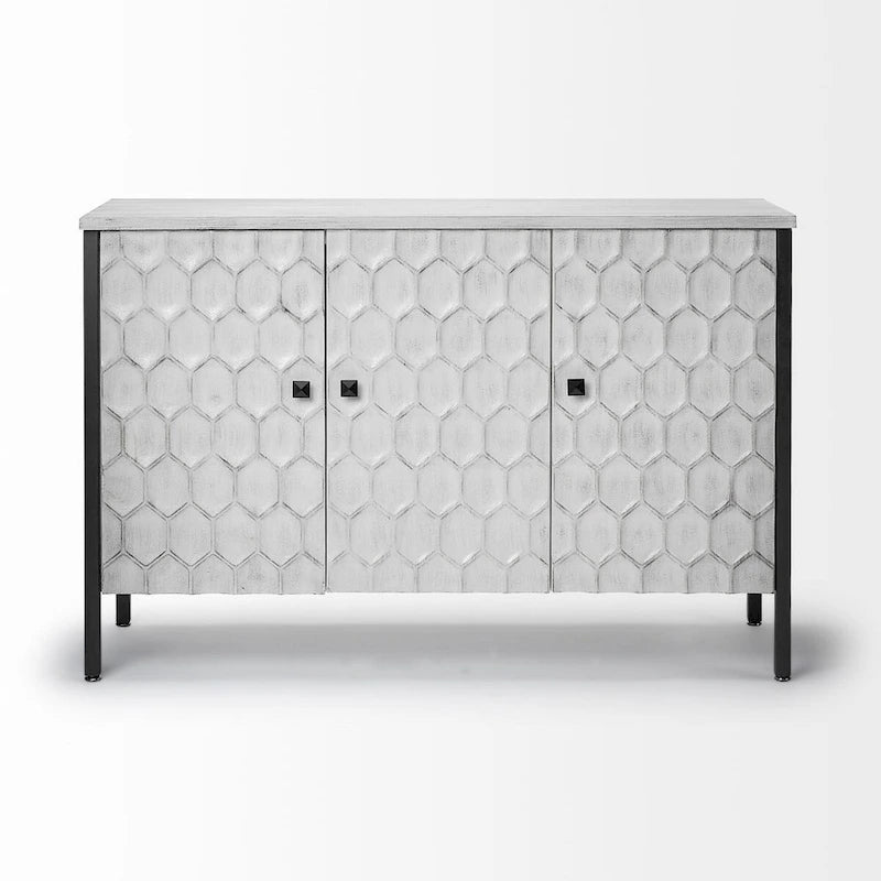 Savannah II White Fir Veneer w/ Iron Frame & 3 Doors Accent Cabinet - 47.2L x 15.7W x 31.5H