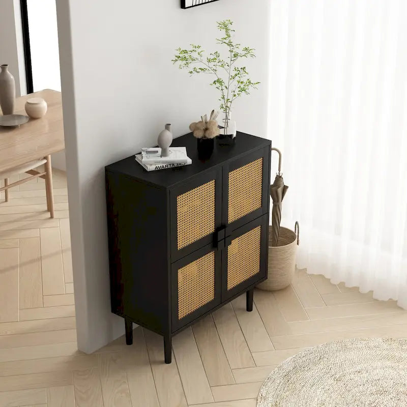 4 Doors Rattan Mesh Shoe Storage Cabinet for Entryway Living Room