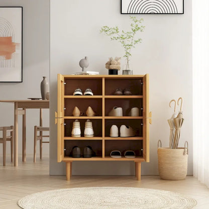 4 Doors Rattan Mesh Shoe Storage Cabinet for Entryway Living Room