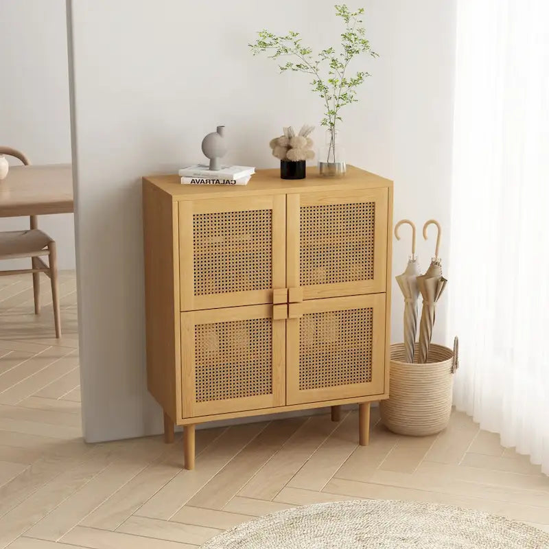 4 Doors Rattan Mesh Shoe Storage Cabinet for Entryway Living Room