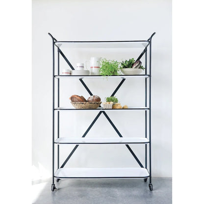 5-Tier 66H Tray-Style Enameled Metal Shelving Unit with Locking Caster Wheels