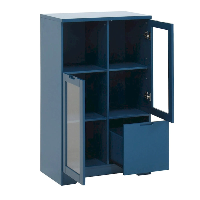 Wooden Floor Cabinet with 2 Glass Doors and 2 Storage Space,Living Room Bathroom Entryway