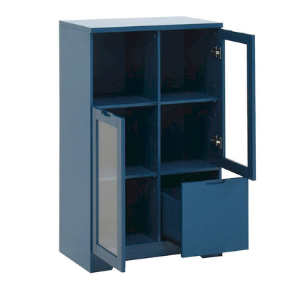 Wooden Floor Cabinet with 2 Glass Doors and 2 Storage Space,Living Room Bathroom Entryway