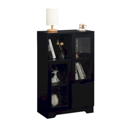 Wooden Floor Cabinet with 2 Glass Doors and 2 Storage Space,Living Room Bathroom Entryway