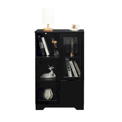 Wooden Floor Cabinet with 2 Glass Doors and 2 Storage Space,Living Room Bathroom Entryway