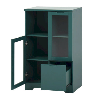 Wooden Floor Cabinet with 2 Glass Doors and 2 Storage Space,Living Room Bathroom Entryway
