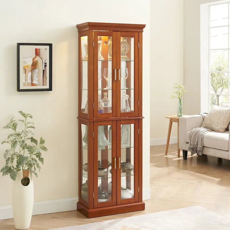 Lighted Curio Diapaly Cabinet,Adjustable Shelves,Mirrored Back Panel,Tempered Glass Doors (6 Tier),(E26 light bulb not included)