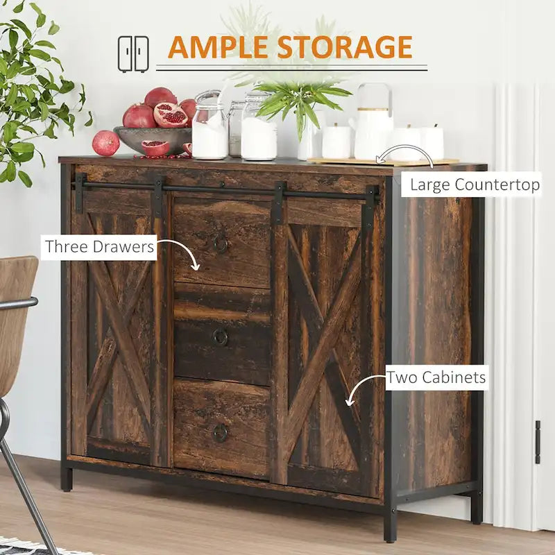 Industrial Farmhouse Buffet Cabinet, Kitchen Sideboard with Sliding Barn Doors, Three Drawers and Adjustable Shelves