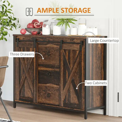 Industrial Farmhouse Buffet Cabinet, Kitchen Sideboard with Sliding Barn Doors, Three Drawers and Adjustable Shelves