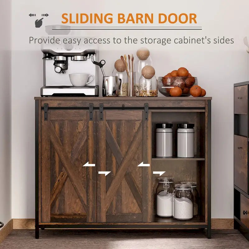 Industrial Farmhouse Buffet Cabinet, Kitchen Sideboard with Sliding Barn Doors, Three Drawers and Adjustable Shelves