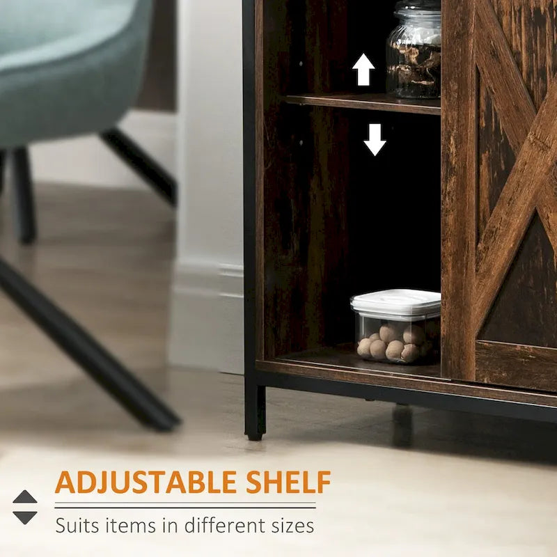 Industrial Farmhouse Buffet Cabinet, Kitchen Sideboard with Sliding Barn Doors, Three Drawers and Adjustable Shelves