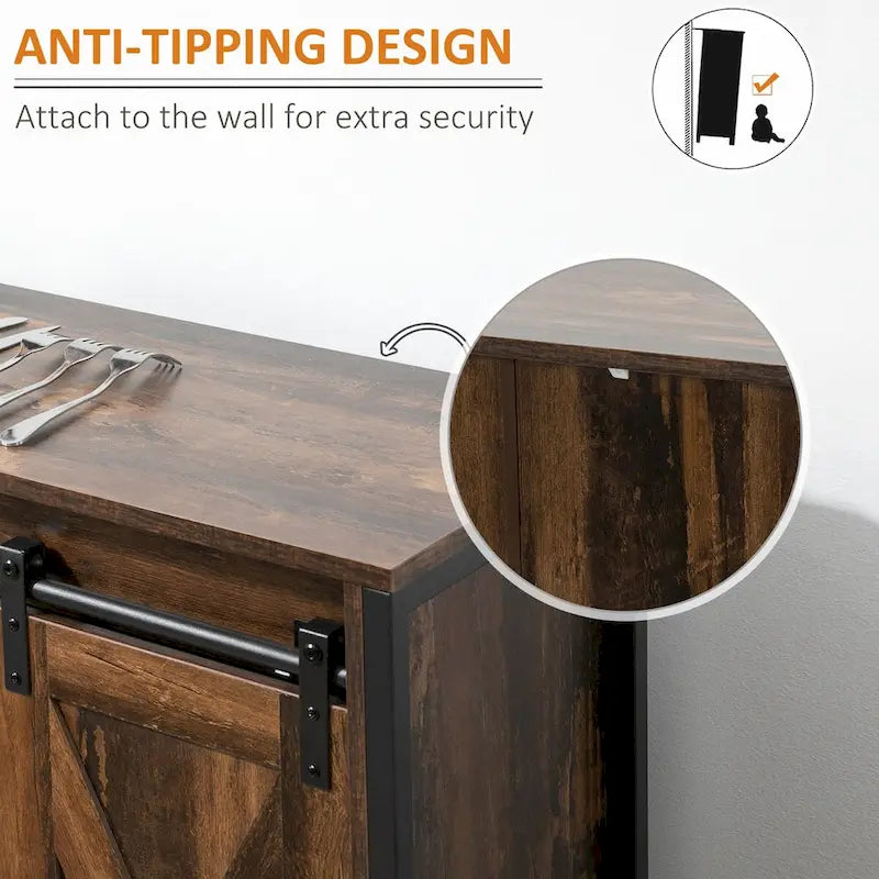 Industrial Farmhouse Buffet Cabinet, Kitchen Sideboard with Sliding Barn Doors, Three Drawers and Adjustable Shelves