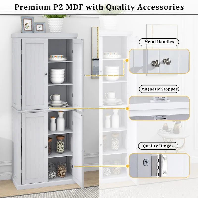 Freestanding Tall Kitchen Pantry,Storage Cabinet Organizer with 4 Doors and Adjustable Shelves