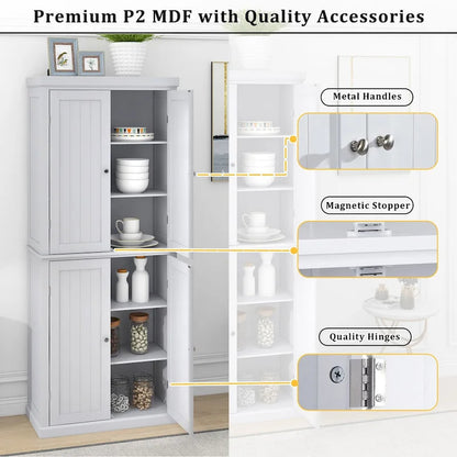 Freestanding Tall Kitchen Pantry,Storage Cabinet Organizer with 4 Doors and Adjustable Shelves