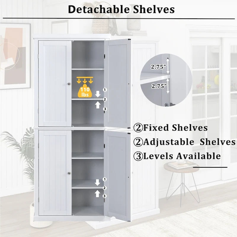 Freestanding Tall Kitchen Pantry,Storage Cabinet Organizer with 4 Doors and Adjustable Shelves