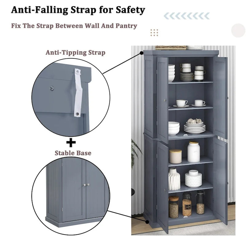 Freestanding Tall Kitchen Pantry,Storage Cabinet Organizer with 4 Doors and Adjustable Shelves