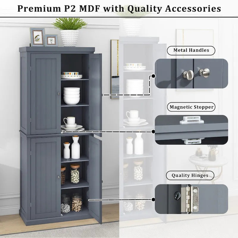 Freestanding Tall Kitchen Pantry,Storage Cabinet Organizer with 4 Doors and Adjustable Shelves