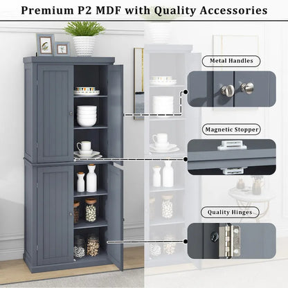 Freestanding Tall Kitchen Pantry,Storage Cabinet Organizer with 4 Doors and Adjustable Shelves
