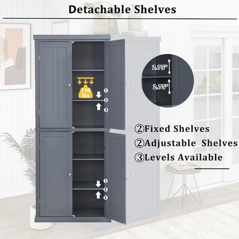 Freestanding Tall Kitchen Pantry,Storage Cabinet Organizer with 4 Doors and Adjustable Shelves