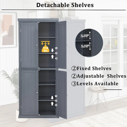 Freestanding Tall Kitchen Pantry,Storage Cabinet Organizer with 4 Doors and Adjustable Shelves