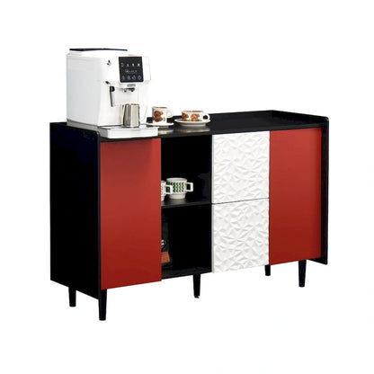 Sideboard Buffet Cabinet, Storage Cabinet with Red Doors, 2 Drawers with unique panel styling and 2 Open Storage Compartment